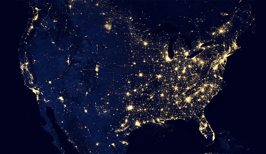 A map of the united states with lights